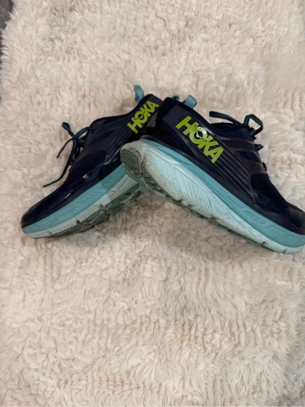 Hoka Men's Navy Blue with Light Blue and Lime Running Shoes